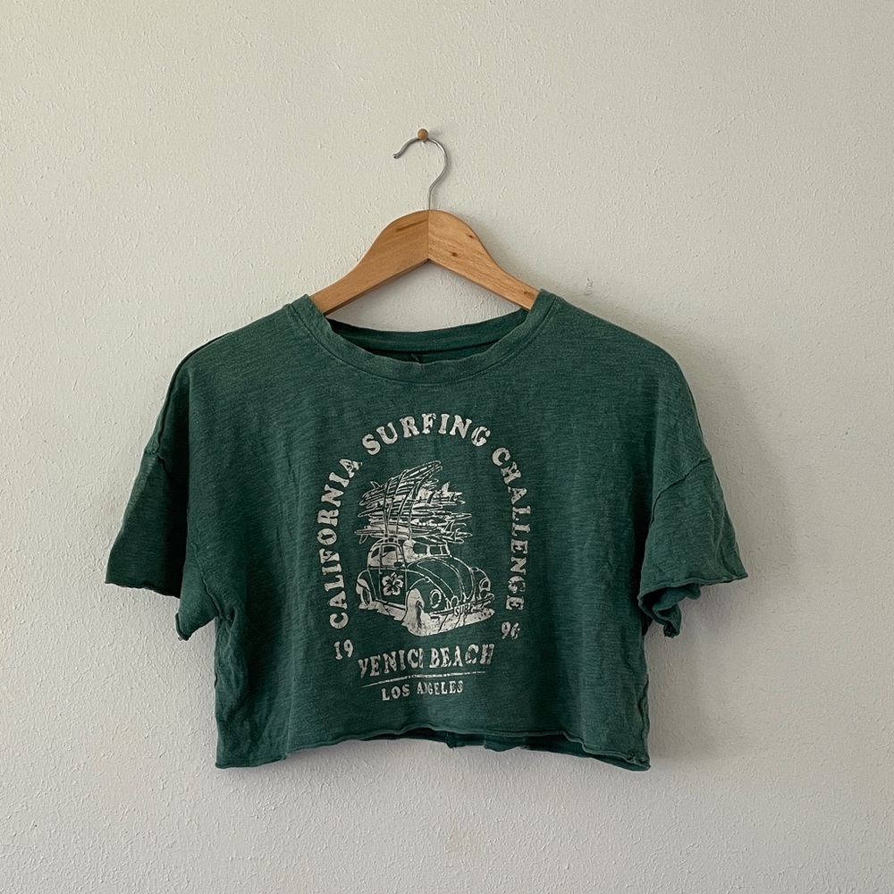 Social Culture Surf Crop Tee Grunge Pilled Washed Look Surfer T-shirt Green